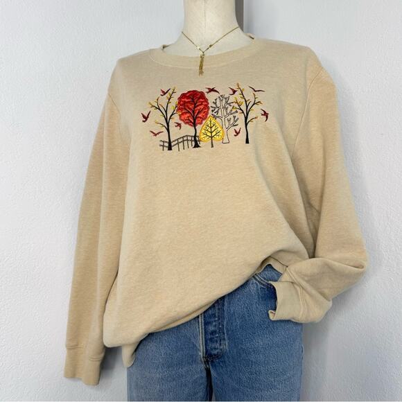 Basic Editions Tops - Fall Scene Crewneck Sweatshirt Trees Leaves Birds Beige Grandmacore Size XXL